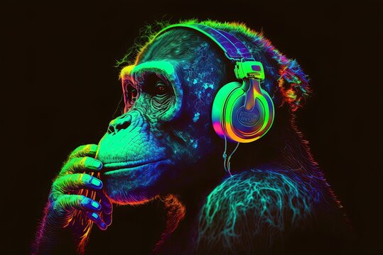 involving a neon party monkey wearing headphones that is not based on any particular setting. Generative AI