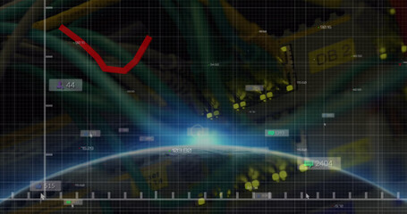 Composition of data processing with media icons and globe over server room