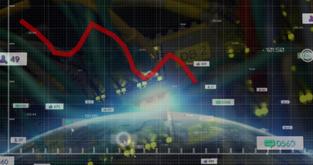 Composition of data processing with media icons and globe over server room