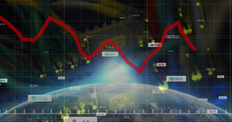Composition of data processing with media icons and globe over server room