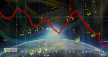 Composition of data processing with media icons and globe over server room