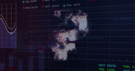 Composition of rouble symbol and data processing on black background