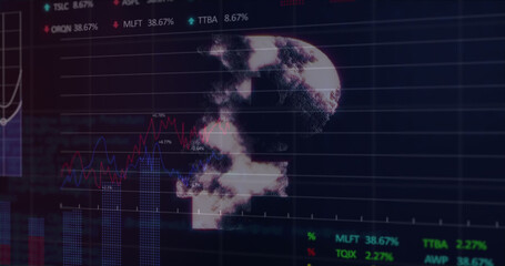 Composition of rouble symbol and data processing on black background