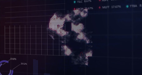 Composition of rouble symbol and data processing on black background