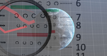 Composition of data processing and globe over shapes and numbers on black background