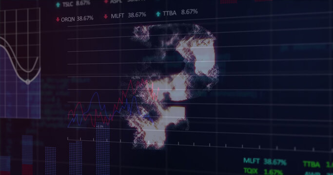 Composition of rouble symbol and data processing on black background