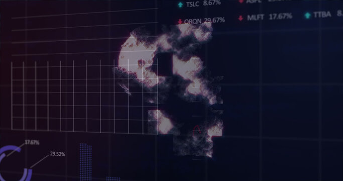 Composition of rouble symbol and data processing on black background