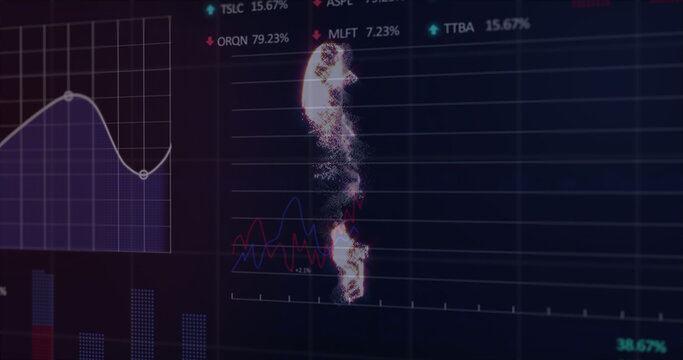 Composition of rouble symbol and data processing on black background