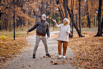 Fototapeta premium Nature season and fall holiday. happy senior couple of woman and man outdoor.retired couple throwing playing with yellow tree leaves. Love relationship and romance. Couple in love in autumn park.