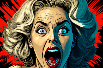 Pretty woman shocked and scared with wide open eyes in comics style, created by Generative AI Technology