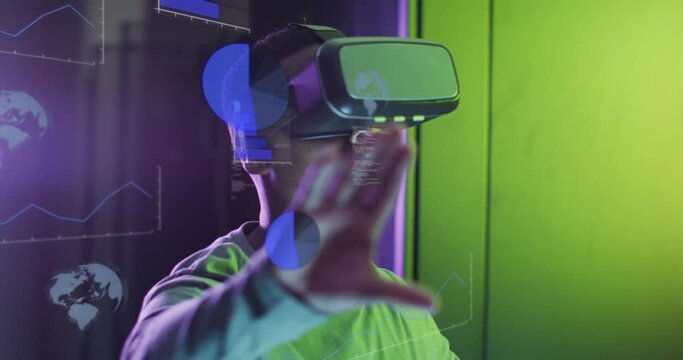Animation of data processing, african american male it engineer in vr goggles and computer servers