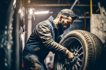 Fototapeta na wymiar Automotive car mechanic working in the garage and changing a tire from light wheels. Repair or maintenance of auto service. AI generative
