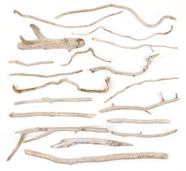 Set of sea driftwood branches isolated on white background. Bleached dry aged drift wood. © vaitekune