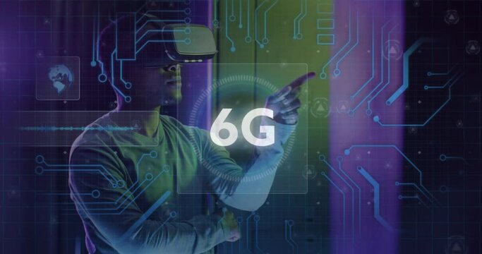 Animation of 6g text and data over african american male it engineer in vr goggles computer servers - Powered by Adobe