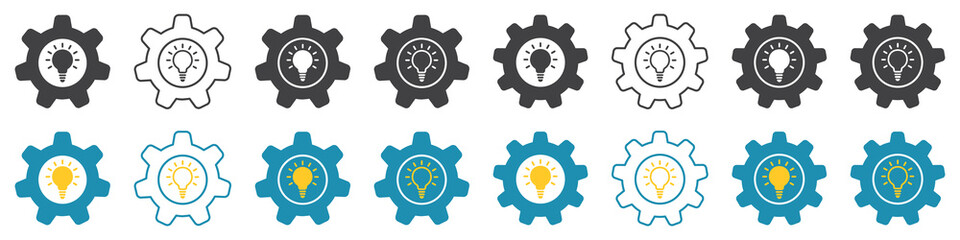 Set of icons light bulb with gear. Cogwheel and light bulb, gear with light bulb inside. Solution, idea, innovation. Electric lamp with gear wheels, business concept.