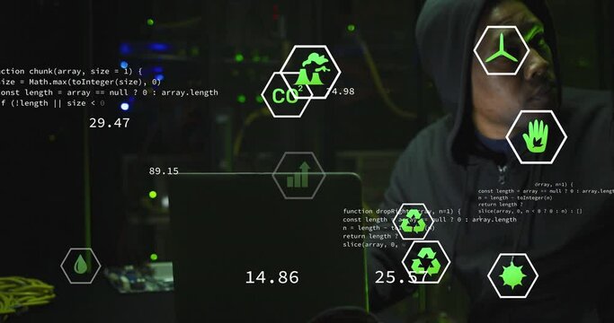 Animation of data processing over african american male hacker with computer and computer servers