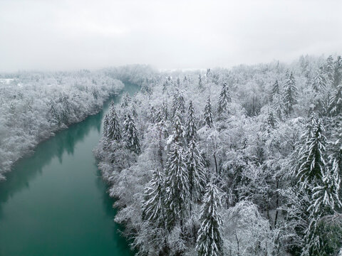Aerial view of a beautiful green river flowing through snowy winter nature