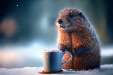 Cute groundhog and white cup of coffee. Generative AI