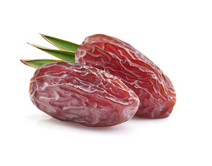 Dates fruit with leaves on white background