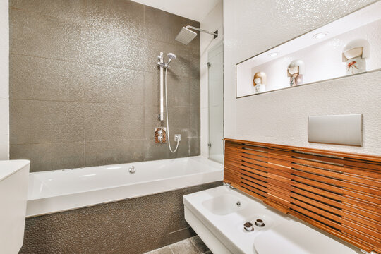 Modern bathroom interior with bathtub