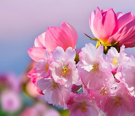  spring flowers  pink sacura branch on blue sky generated ai