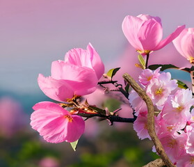  spring flowers  pink sacura branch on blue sky generated ai