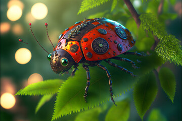 Mechanical ladybug on a green tree branch, Generative AI