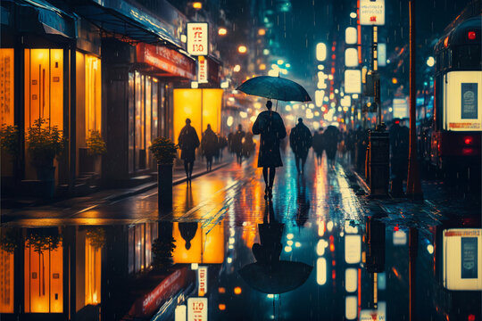 Scene Tokyo City At Night With Rain, People Walk, Umbrella, Generative AI