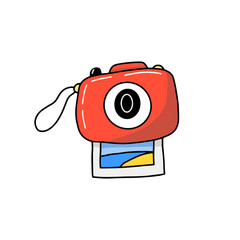 Drawing cute illustration red vintage polaroid retro camera print instant photo beach memory flat doodle style isolated on white background
