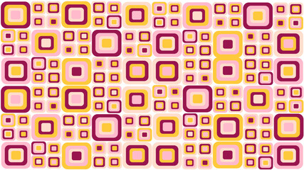 Retro seamless pattern with squares in purple, pink, rose, and yellow hues.  Digital graphics elements useful for web background, poster art design, magazine front pages, wall print, and cover artwork