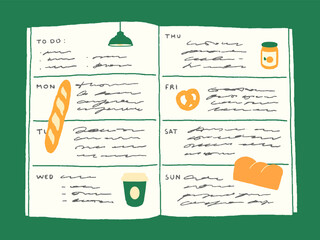 Weekly planner with handwritten abstract text and cafe stickers. Flat vector illustration of a diary with the days of the week and cute bread, baguette, coffee stickers 