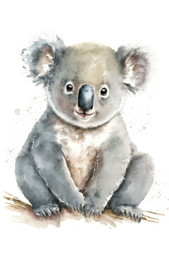Baby Koala portrait watercolor painting illustration. Generative AI.