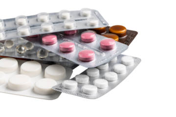 Various pills and tablets in a blister packs isolated on transparent background, healthcare and medicine concept