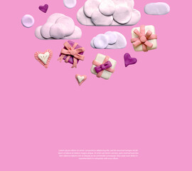 Poster or banner with clouds, gift boxes and plasticine hearts on a light pink background. template or background for love and valentine's day concept. 