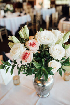 High angle view of flowers in vase on table at wedding ceremony