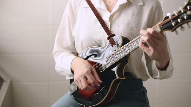 Young Woman Playing Mandolin, Bluegrass Instrument, Acoustic Music
