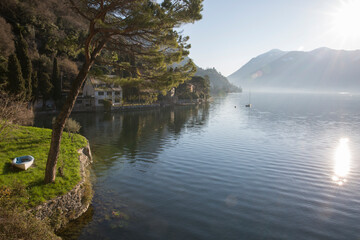 Sunrise over mountains and lake