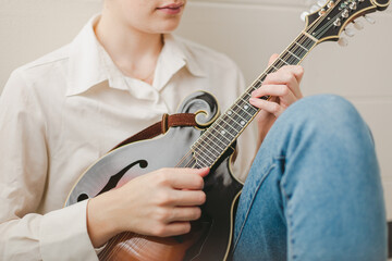 Young Woman Playing Mandolin, Close Up Hands, Bluegrass Instrument
