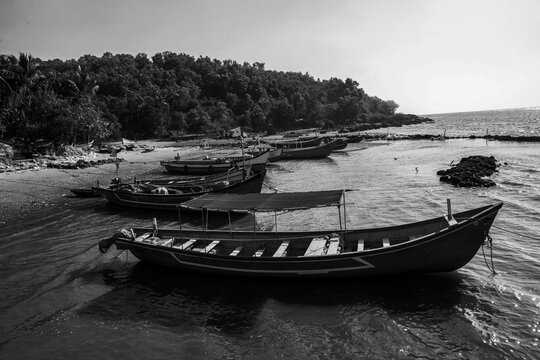 Landscape in Goa or Kranataka or Kernala with fishing boats on coast and flying eeagles
