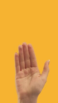 Vertical video. Goodbye gesture. Farewell sign. See you later. Female hand waving bye isolated on orange copy space background.