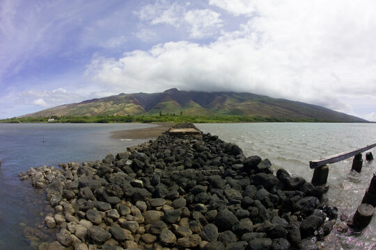 A view of the jetty, ocean and land from Kamalo Warf on the island of Molokai. (fisheye lens)