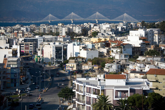 A view of the Rio-Antirio Bridge from Patras, Greece.