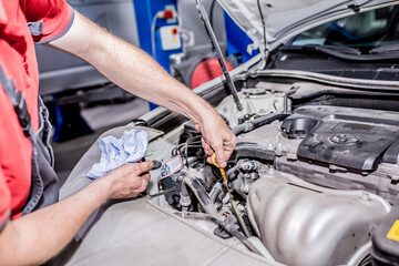 Fototapeta premium Auto service. The master performs maintenance, oil change, computer diagnostics, replacement of auto parts, repair of the brake system. Modern universal car service.