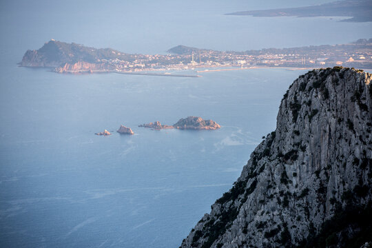 The  town of Arbatax as seen while hiking on the first day of Selvaggio Blu trail. Sardinia, Italy.