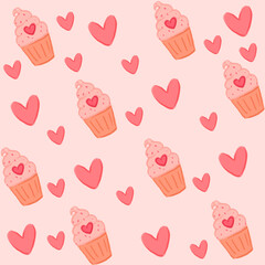 Cute pink sweet seamless pastel retro pattern backdrop background for romantic lovely Valentine's Day design, illustration of love, cupcakes and hearts
