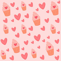 Cute pink sweet seamless pastel retro pattern backdrop background for romantic lovely Valentine's Day design, illustration of love, cupcakes and hearts