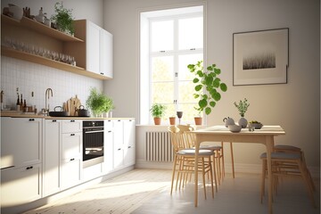 Scandinavian style interior kitchen with natural wood dining table and white color furniture full of tableware and herbs and potted plants illuminated in the morning sunshine through a window