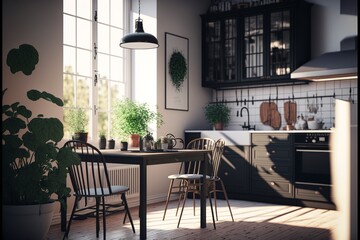 Scandinavian style interior kitchen with natural wood dining table and dark grey color furniture full of tableware and herbs and potted plants illuminated in the morning sunshine through a window