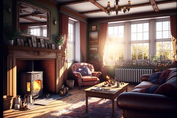 Naklejka premium Country interior style living room with fireplace and with natural wood furniture and a big carpet, a cozy sofa, a big mirror and potted plants illuminated brightly with sunshine through a big window