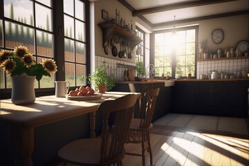 Country style interior kitchen with windows and with natural wood dining table and furniture
